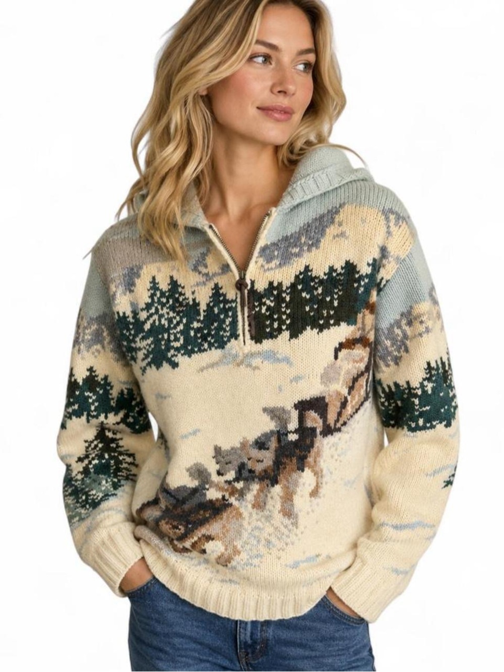 Vintage LRL 100% Lambswool Winter Ski Hand Knit Dogsled Half Zip Sweater Medium